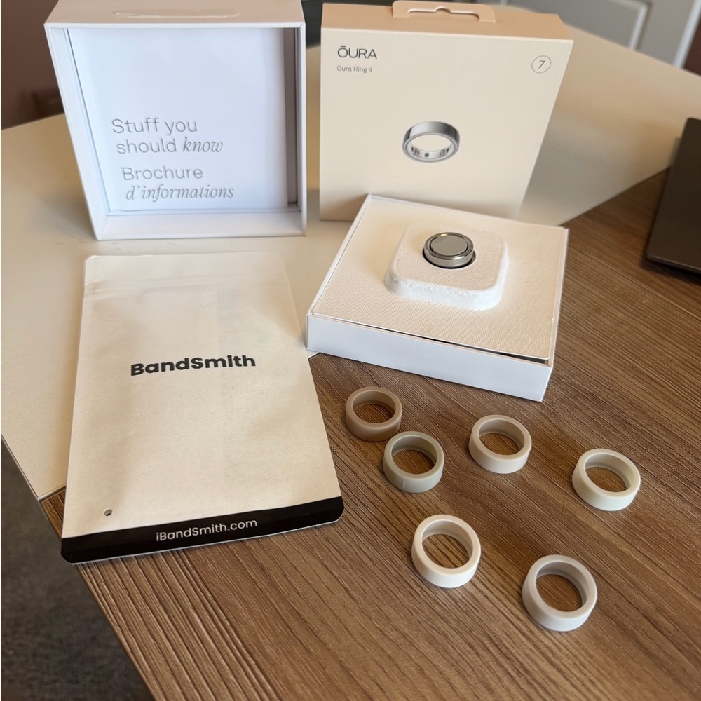 Oura Ring size 7 with White/Cream Silicone Sizing Bands and Silver Ring Insert